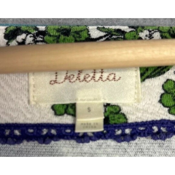 Anthropologie Deletta Haru S Floral Tunic Top Blue Green Puff Sleeve Mid Mod MCM - Picture 7 of 15